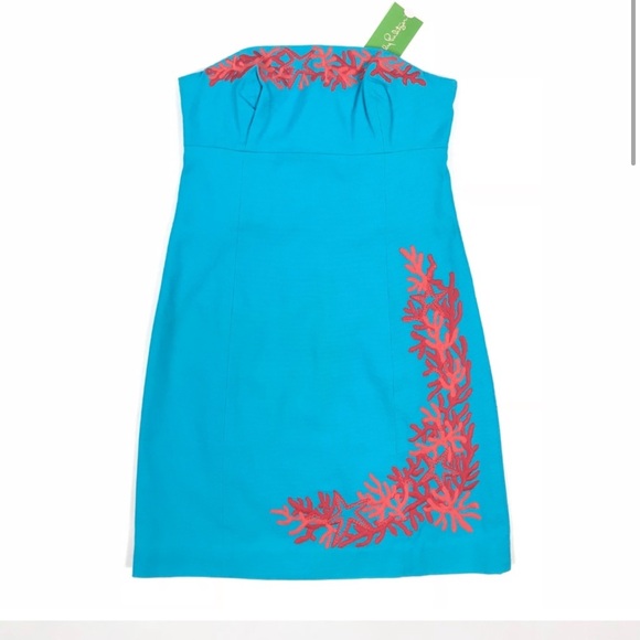 Lilly Pulitzer Turquoise Strapless Bowen Dress Laroc Panel Embroidery Size 8 - Picture 9 of 13